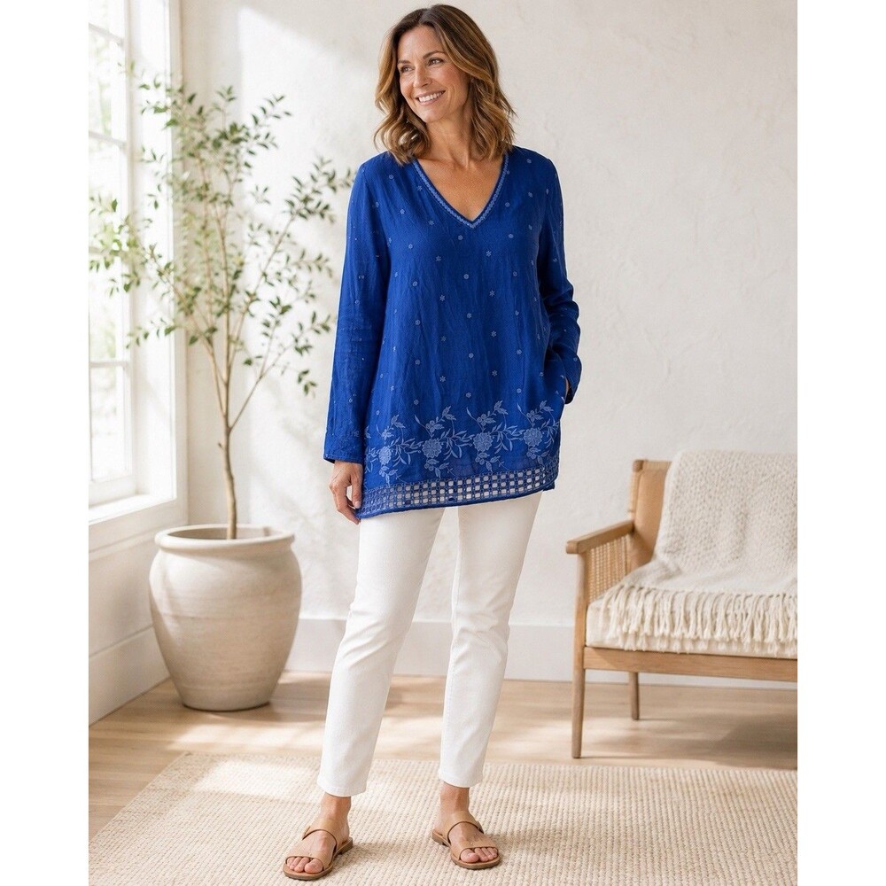 Johnny Was Blue Embroidered Tunic Top 3X V Neck Cutout Hem Boho Grandmacore